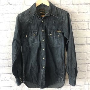 Lucky Brand Pearl Snap Classic Indigo Dark Denim Shirt Mens Size XS Long Sleeve